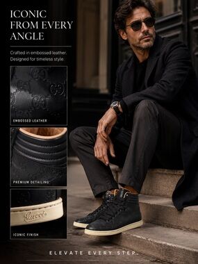 Gucci Black Embossed Leather High-Top Sneakers with Cream Sole
